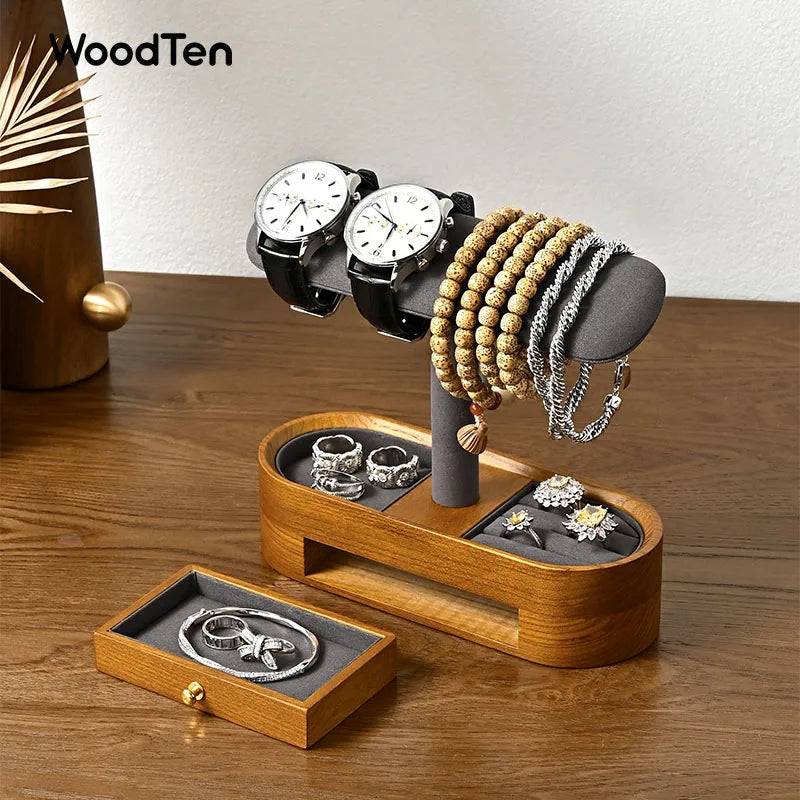 WoodTen Solid Wood Watches Display Stands Base Watch Necklace Bracelet Organizer Rack Bangle Scrunchie Headband Showcase Stands